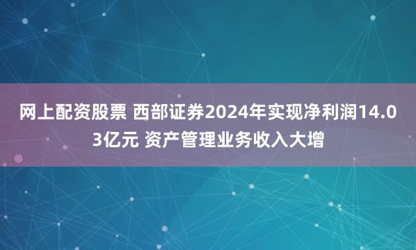 网上配资股票 西部证券2024年实现净利润14.03亿元 资产管理业务收入大增